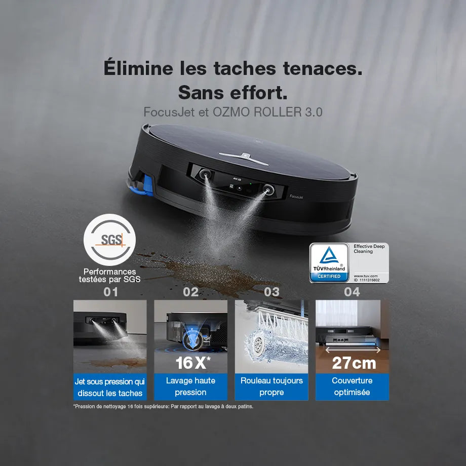 ECOVACS X12 OmniCyclone Aspirateur Robot, Blast, 22 000 Pa, pré-Dissolution des Taches FocusJet, PowerBoost, OZMO Roller 3.0, Rouleau Extensible et Qui se lève, vidage Automatique PureCyclone 2.0