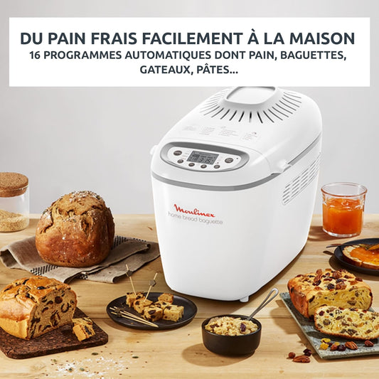 Moulinex Home Bread Baguette Machine à petits pains, 16 programmes, Résultats homogènes, Jusqu'à 1,5 kg de pain frais