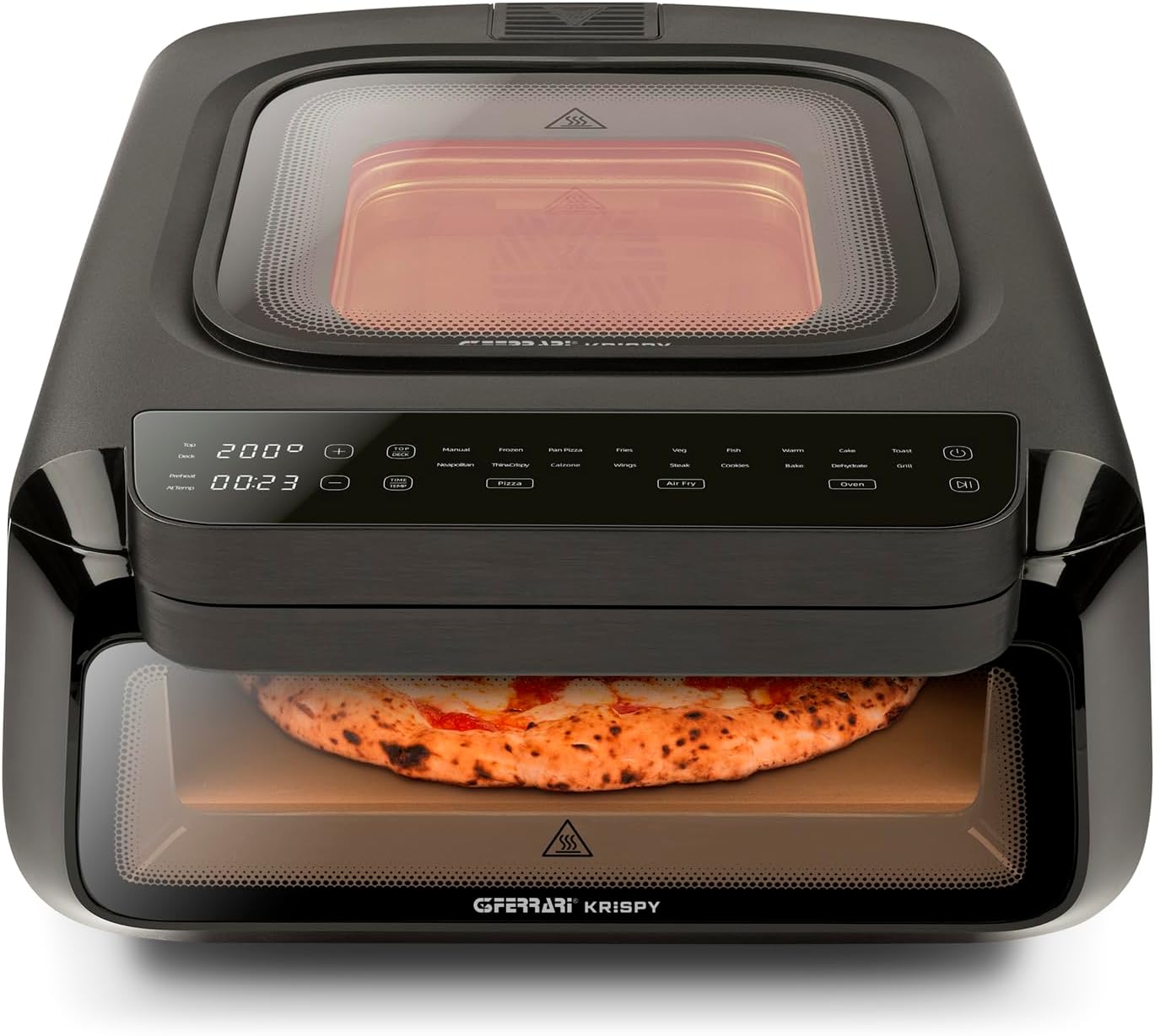 G3 Ferrari G10225 Krispy Four à pizza et Friteuse à air multifonction, 2100 W, 13 litres, Technologie HOBLO, Écran Tactile avec 18 Programmes, Jusqu’à 380 °C, Accessoires inclus, Noir.