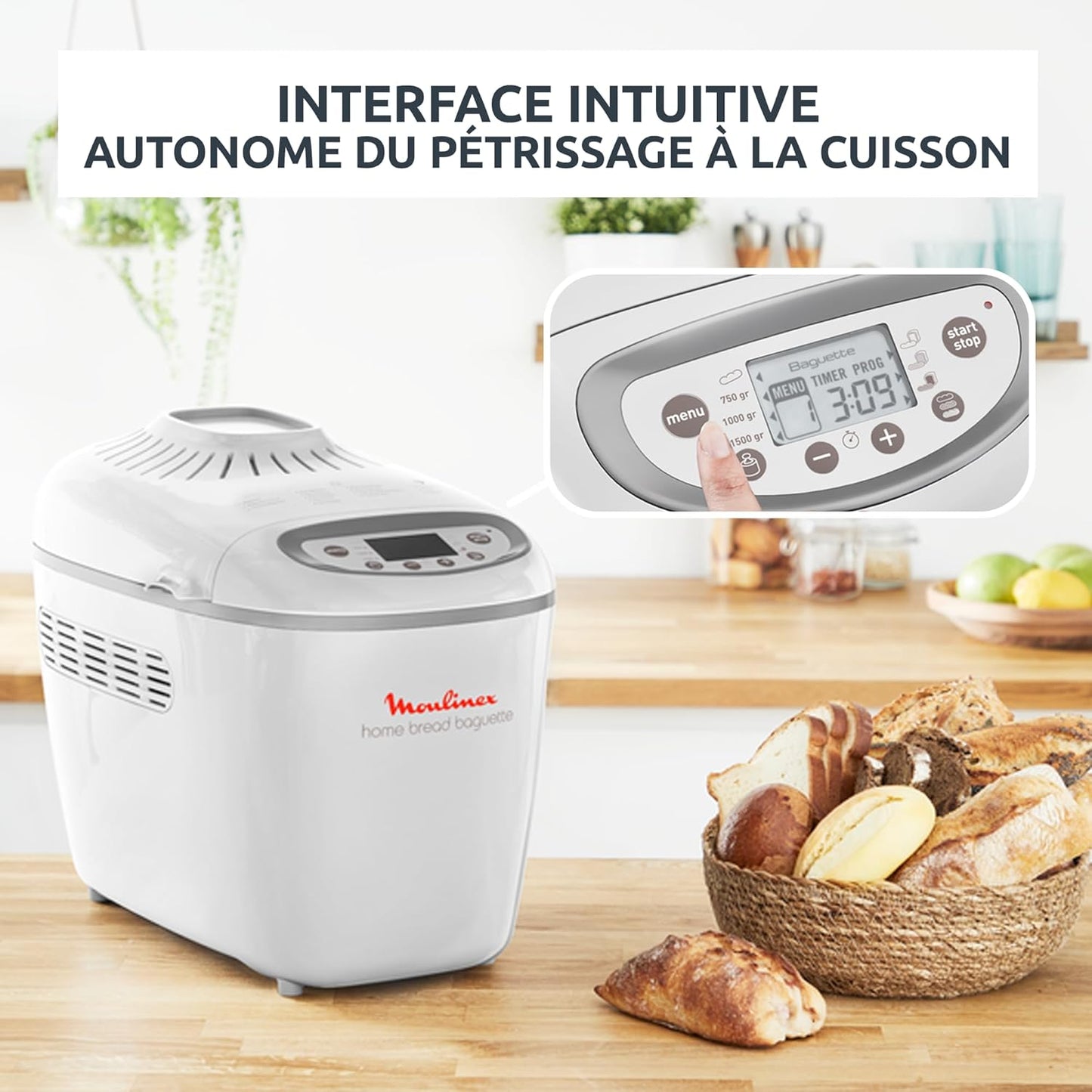 Moulinex Home Bread Baguette Machine à petits pains, 16 programmes, Résultats homogènes, Jusqu'à 1,5 kg de pain frais