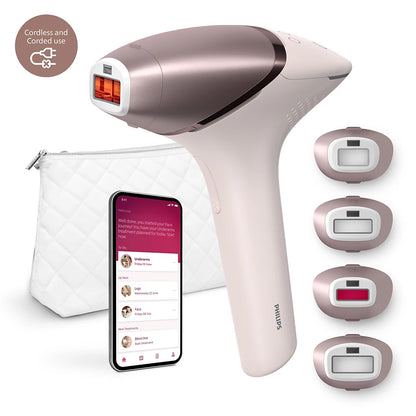 Philips Lumea série 9000, Épilateur à lumière pulsée, alternative à l'épilation laser, technologie SenseIQ, 3 accessoires pour corps, visage et zones de précision, usage avec ou sans fil, BRI955/00