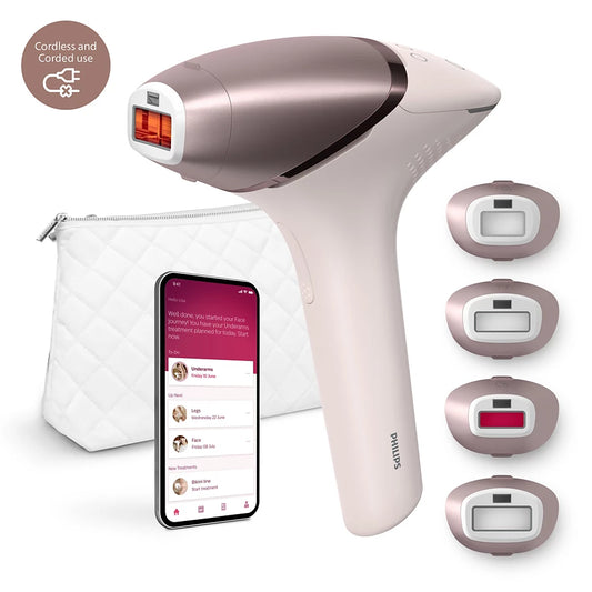 Philips Lumea série 9000, Épilateur à lumière pulsée, alternative à l'épilation laser, technologie SenseIQ, 3 accessoires pour corps, visage et zones de précision, usage avec ou sans fil, BRI955/00