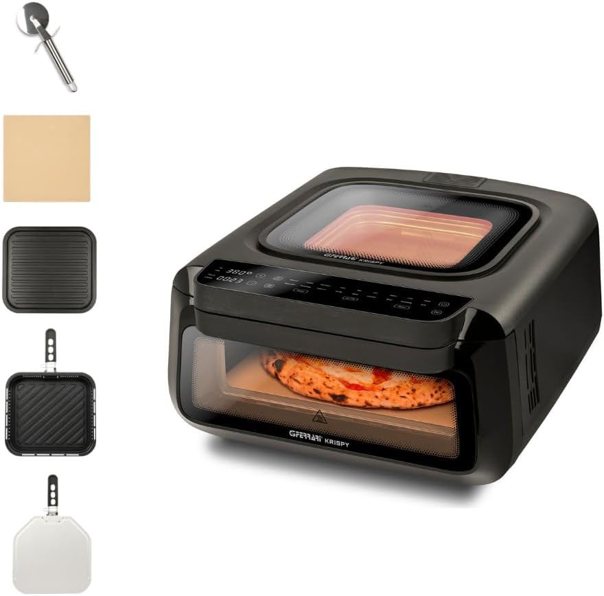 G3 Ferrari G10225 Krispy Four à pizza et Friteuse à air multifonction, 2100 W, 13 litres, Technologie HOBLO, Écran Tactile avec 18 Programmes, Jusqu’à 380 °C, Accessoires inclus, Noir.