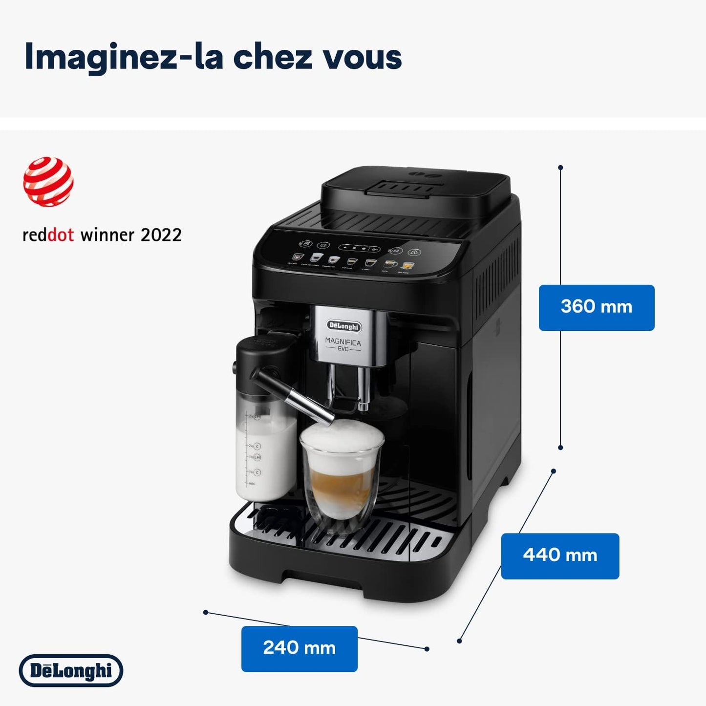 Cafetière Delonghi Magnifica Evo avec 7 programmes automatiques.