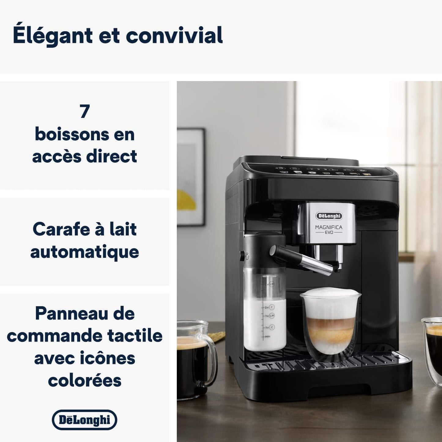 Cafetière Delonghi Magnifica Evo avec 7 programmes automatiques.