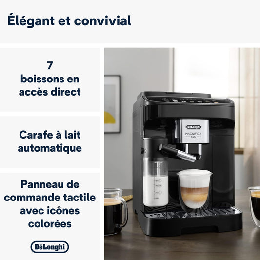 Cafetière Delonghi Magnifica Evo avec 7 programmes automatiques.