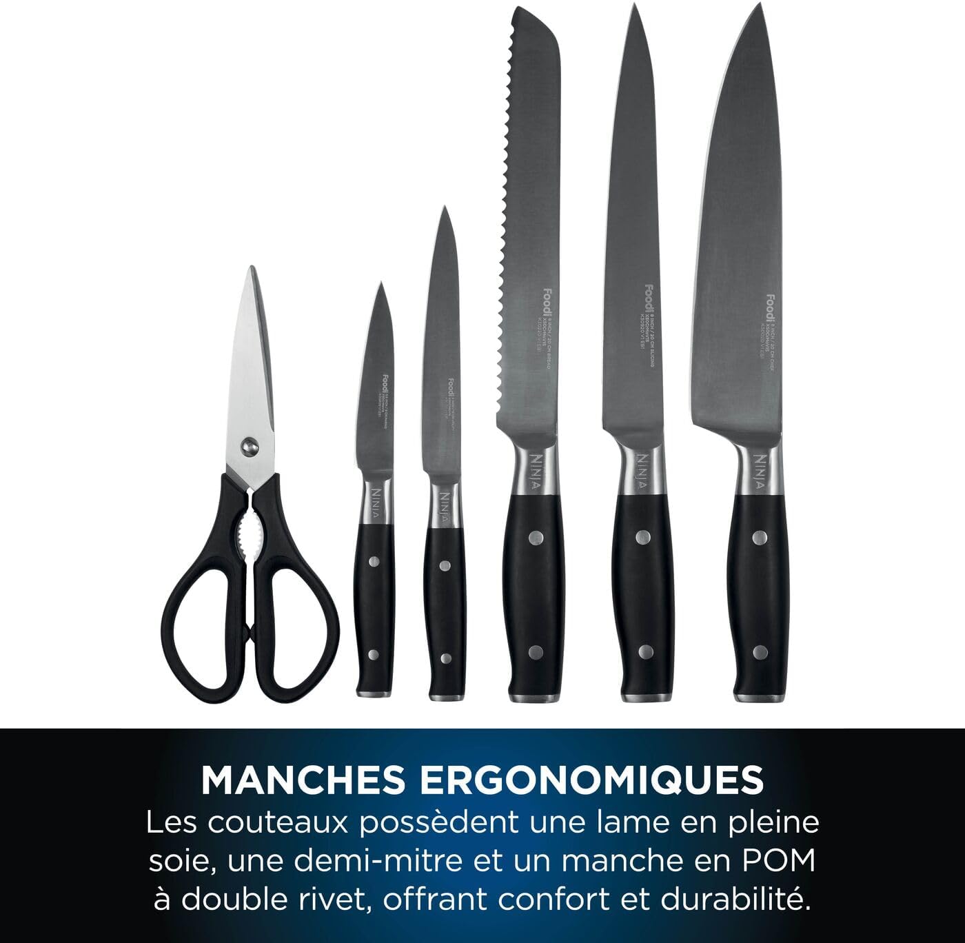 Bloc-couteaux Ninja Foodi StaySharp avec Affûteur, Ensemble de Couteaux 6 Pièces Aiguisés: Couteau de chef, à pain, à trancher, universel, à éplucher et ciseaux, en Acier Inoxydable, K32006EU