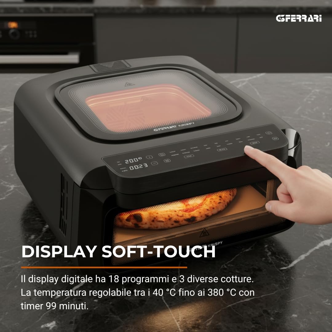 G3 Ferrari G10225 Krispy Four à pizza et Friteuse à air multifonction, 2100 W, 13 litres, Technologie HOBLO, Écran Tactile avec 18 Programmes, Jusqu’à 380 °C, Accessoires inclus, Noir.