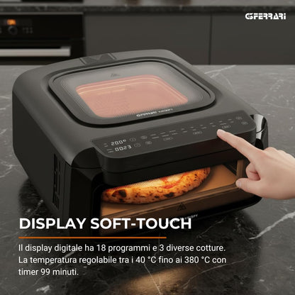G3 Ferrari G10225 Krispy Four à pizza et Friteuse à air multifonction, 2100 W, 13 litres, Technologie HOBLO, Écran Tactile avec 18 Programmes, Jusqu’à 380 °C, Accessoires inclus, Noir.