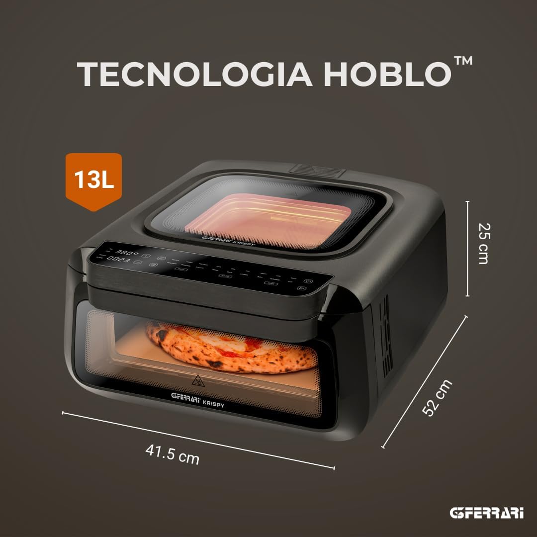 G3 Ferrari G10225 Krispy Four à pizza et Friteuse à air multifonction, 2100 W, 13 litres, Technologie HOBLO, Écran Tactile avec 18 Programmes, Jusqu’à 380 °C, Accessoires inclus, Noir.
