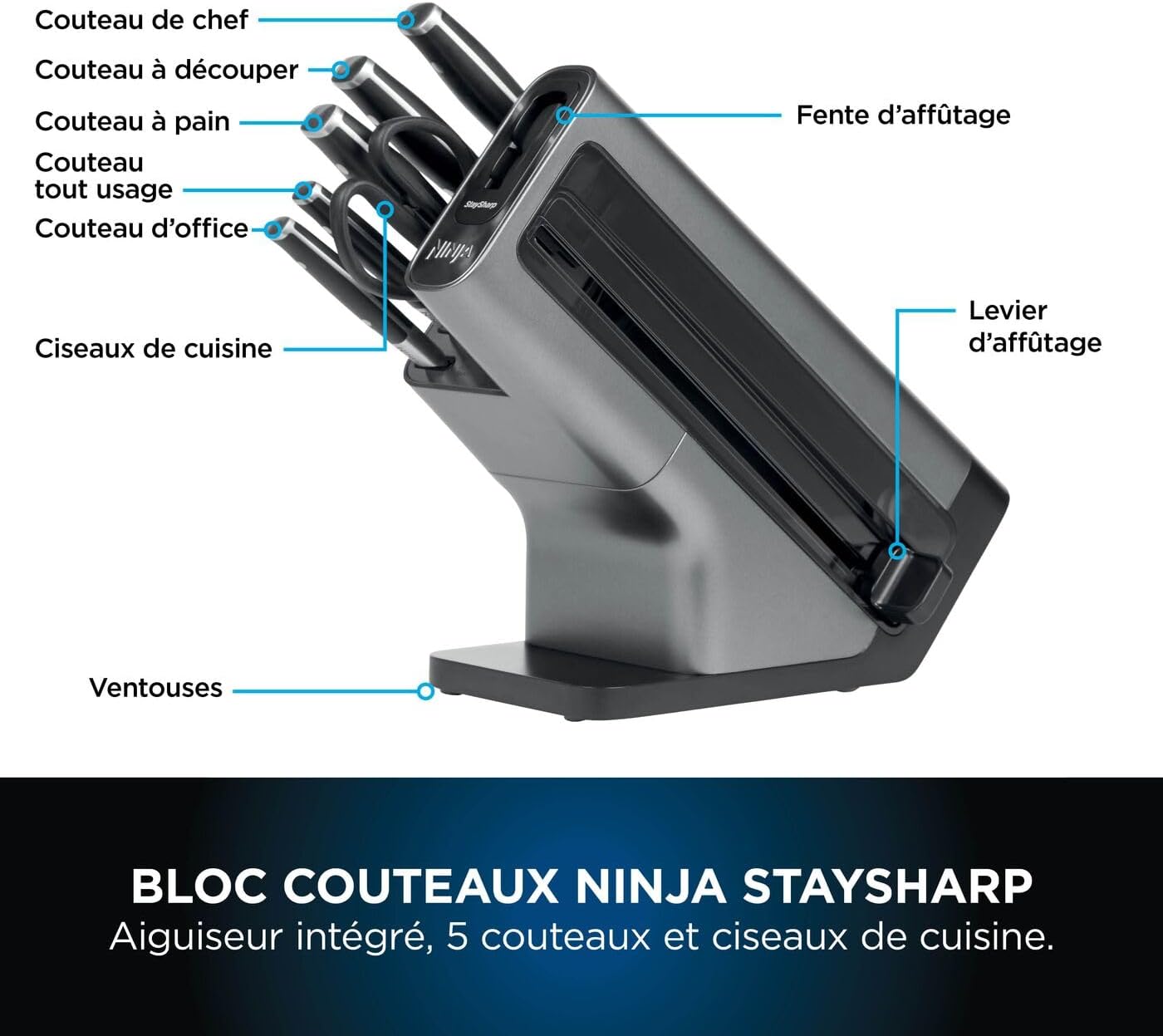Bloc-couteaux Ninja Foodi StaySharp avec Affûteur, Ensemble de Couteaux 6 Pièces Aiguisés: Couteau de chef, à pain, à trancher, universel, à éplucher et ciseaux, en Acier Inoxydable, K32006EU