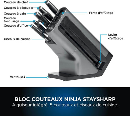 Bloc-couteaux Ninja Foodi StaySharp avec Affûteur, Ensemble de Couteaux 6 Pièces Aiguisés: Couteau de chef, à pain, à trancher, universel, à éplucher et ciseaux, en Acier Inoxydable, K32006EU