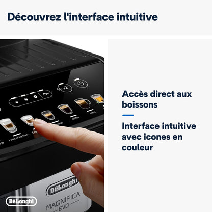Cafetière Delonghi Magnifica Evo avec 7 programmes automatiques.