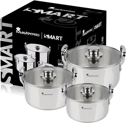 Batterie de cuisine MasterPRO Smart – 6 pièces en acier inoxydable avec couvercles en verre, compatible tous feux (20, 24, 28 cm).