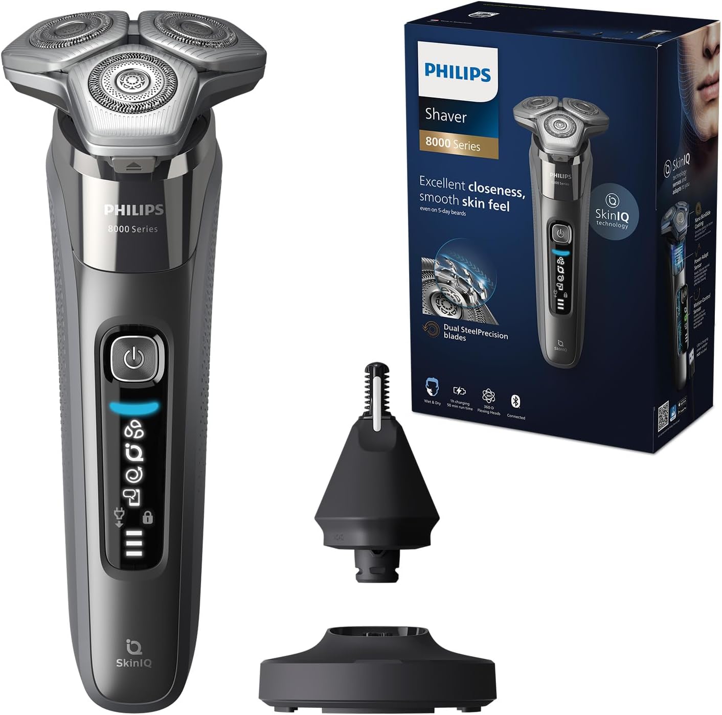 Rasoir Philips Series 8000 - rasoir électrique Wet & Dry avec technologie SkinIQ, 1 tondeuse rétractable, socle de charge, capot de protection, et brossette de nettoyage (modèle S8697/23)