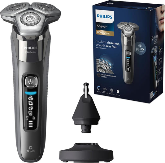 Rasoir Philips Series 8000 - rasoir électrique Wet & Dry avec technologie SkinIQ, 1 tondeuse rétractable, socle de charge, capot de protection, et brossette de nettoyage (modèle S8697/23)