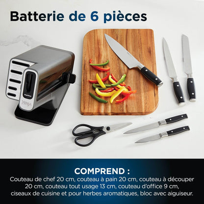 Bloc-couteaux Ninja Foodi StaySharp avec Affûteur, Ensemble de Couteaux 6 Pièces Aiguisés: Couteau de chef, à pain, à trancher, universel, à éplucher et ciseaux, en Acier Inoxydable, K32006EU