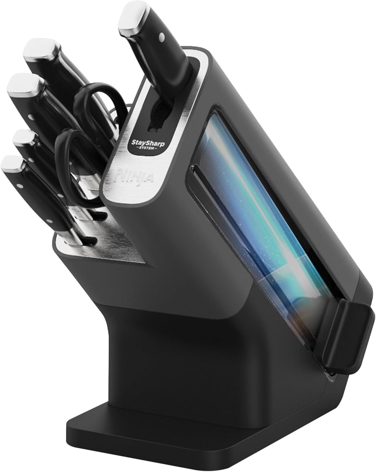 Bloc-couteaux Ninja Foodi StaySharp avec Affûteur, Ensemble de Couteaux 6 Pièces Aiguisés: Couteau de chef, à pain, à trancher, universel, à éplucher et ciseaux, en Acier Inoxydable, K32006EU
