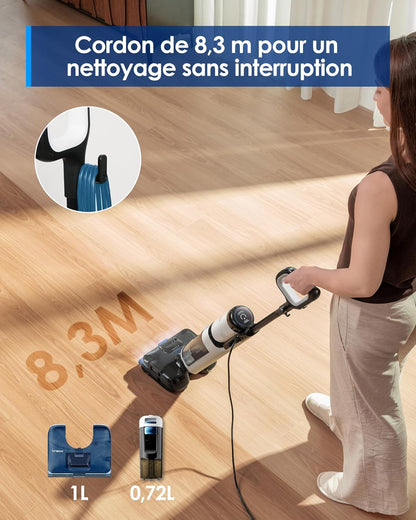 Tineco Floor One S6 Stretch Steam Nettoyeur Vapeur, Aspirateur Balai Vapeur à Câble Tout-en-Un, 160℃ HyperSteam, 180° Pose à Plat, Auto-Nettoyage à l'eau Chaude, Anti-Tangle-Design