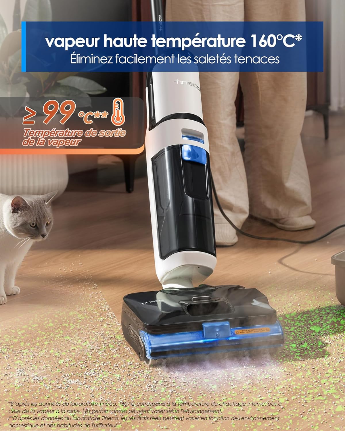 Tineco Floor One S6 Stretch Steam Nettoyeur Vapeur, Aspirateur Balai Vapeur à Câble Tout-en-Un, 160℃ HyperSteam, 180° Pose à Plat, Auto-Nettoyage à l'eau Chaude, Anti-Tangle-Design