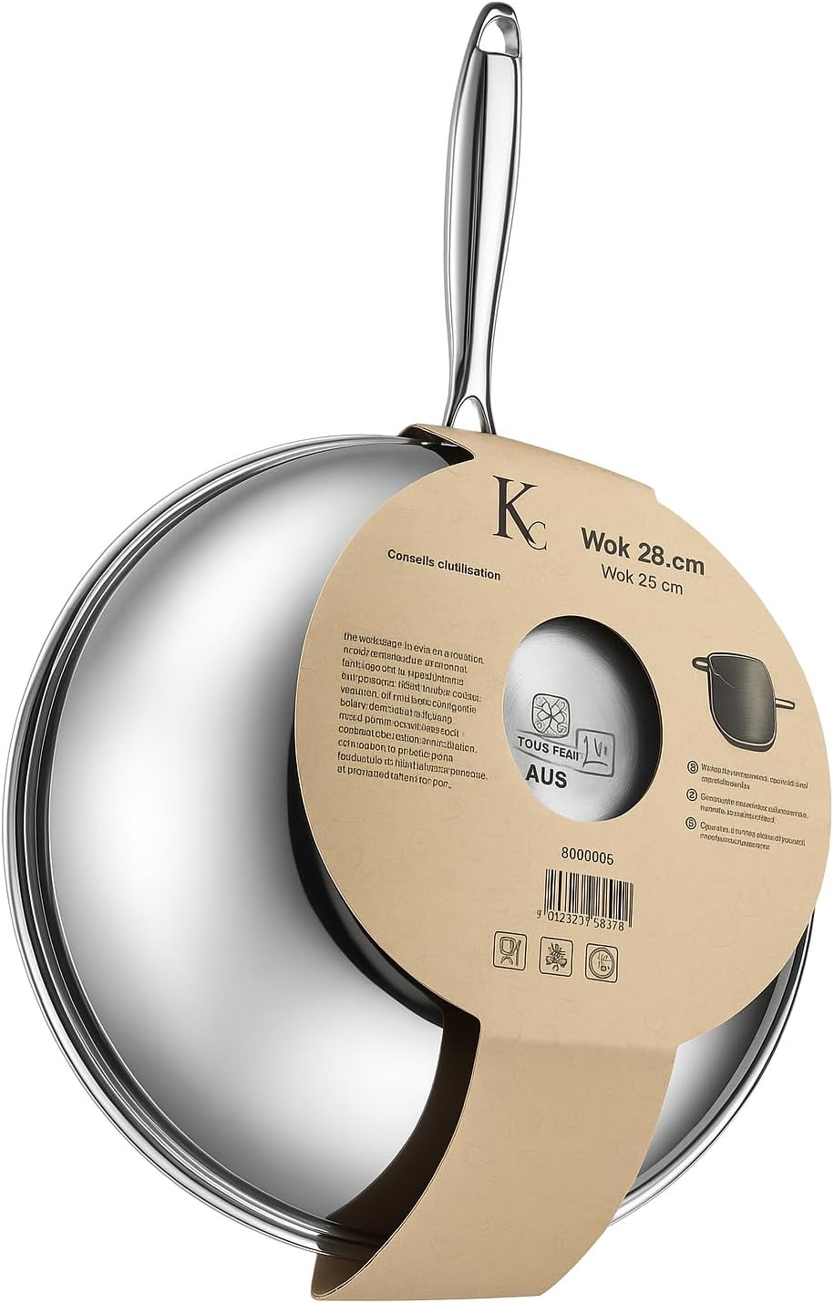 KLAUS Wok 28 cm en Inox inoxydable haute qualité Tous Feux Dont Induction | Cuisson Saine et Homogène | Facile à Nettoyer