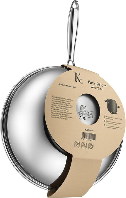 KLAUS Wok 28 cm en Inox inoxydable haute qualité Tous Feux Dont Induction | Cuisson Saine et Homogène | Facile à Nettoyer