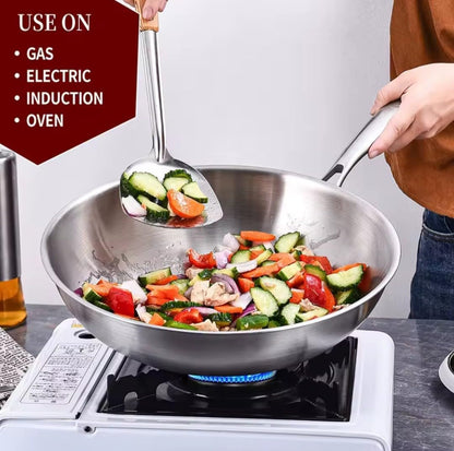 KLAUS Wok 28 cm en Inox inoxydable haute qualité Tous Feux Dont Induction | Cuisson Saine et Homogène | Facile à Nettoyer