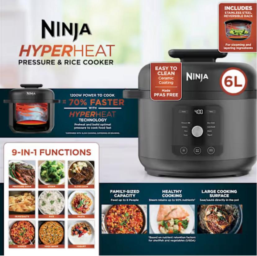 Ninja HyperHeat 6L 9-in-1 Pressure & Rice Cooker PC201UK